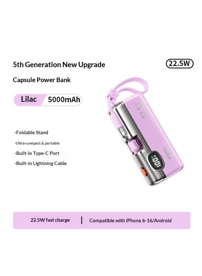 WEKOME Mini 22.5W Capsule Emergency Power Bank | 5000mAh Mini Fast Charge, Digital Display, Multi-Port Output, Portable Lanyard Design (Purple) - Image 1